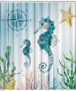 Nautical Seahorse Shower Curtain - Rustic Wooden Board Beach Coastal Ocean Starfish Bathroom Decor