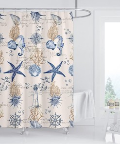 Nautical Shower Curtain with Vintage Ivory Anchor and Sea Horse Design for Beach Bathroom Decor, Waterproof Fabric