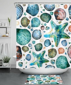 Nautical and Tropical Watercolor Seashell Starfish Shower Curtain for Bathroom Decor