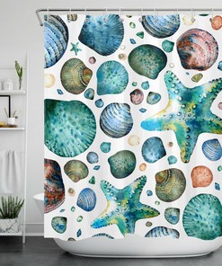 Nautical and Tropical Watercolor Seashell Starfish Shower Curtain for Bathroom Decor