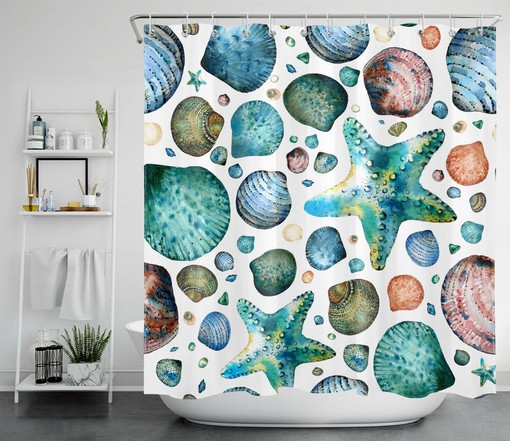 Nautical and Tropical Watercolor Seashell Starfish Shower Curtain for Bathroom Decor