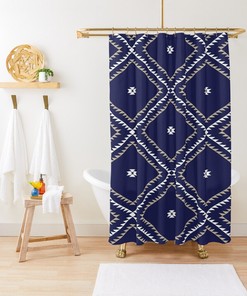 Navy Blue White Tan Southwestern Geometric Shower Curtain - Bathroom Decor Bundle Set