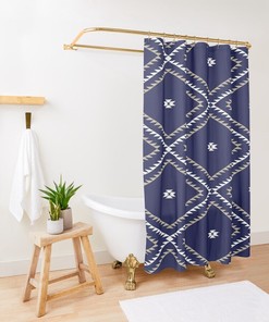 Navy Blue White Tan Southwestern Geometric Shower Curtain - Bathroom Decor Bundle Set
