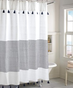 Navy Panama Stripe Boho Farmhouse Tassel Shower Curtain - Perfect for Your Bathroom Decor