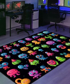 Neon Pixel Artwork Black Background Arcade Rug with Kawaii Charm