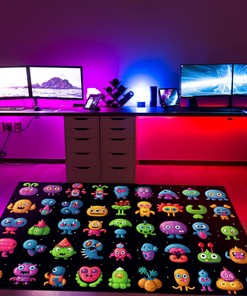 Neon Pixel Artwork Black Background Arcade Rug with Kawaii Charm