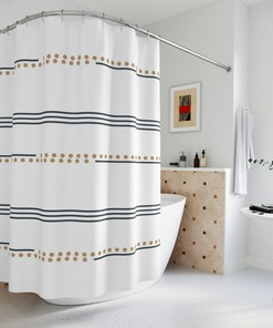 Neutral Mudcloth Print Shower Curtain with Navy Stripes and Beige Dots for Boho Bathroom Decor