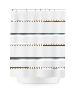 Neutral Mudcloth Print Shower Curtain with Navy Stripes and Beige Dots for Boho Bathroom Decor