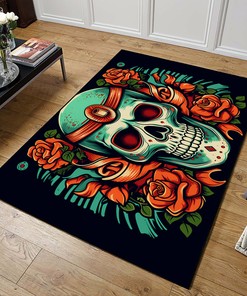 New School Sugar Skull and Gun Art Print on Personalized Area Rug for Living Room
