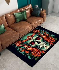 New School Sugar Skull and Gun Art Print on Personalized Area Rug for Living Room