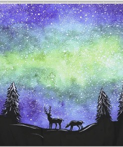 Night Deer Watercolor Shower Curtain - Bathroom Fabric Print Design