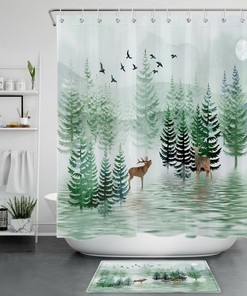 Night Lakeside Pine Forest Snow Shower Curtain with Deer and Elks for Bathroom