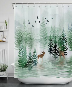 Night Lakeside Pine Forest Snow Shower Curtain with Deer and Elks for Bathroom