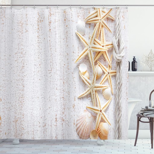 Ocean Beach Themed Shower Curtain with Shell and Starfish Decor