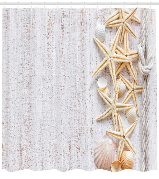 Ocean Beach Themed Shower Curtain with Shell and Starfish Decor