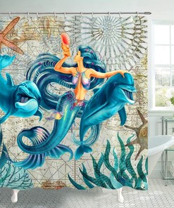Ocean Creature Landscape Shower Curtain - Dolphin Mermaid Blue Sea Beach Bathroom Decor