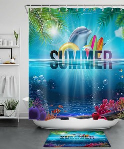 Ocean Dolphin Sunshine Palm Leaves Shower Curtain for Bathroom
