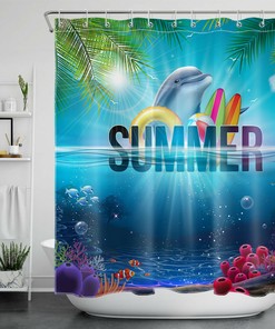 Ocean Dolphin Sunshine Palm Leaves Shower Curtain for Bathroom