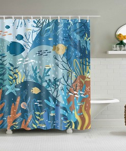 Ocean Sea Life Shower Curtain with Coral and Starfish for Beachy Bathroom Decor