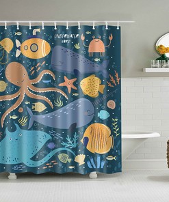 Ocean Shower Curtain with Fish, Whale, and Jellyfish for Underwater Themed Bathroom Decor