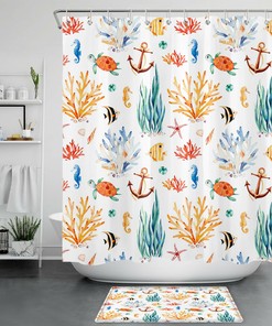 Oceanic Watercolor Seaweed and Sea Turtle Shower Curtain for Nautical Bathroom Decor