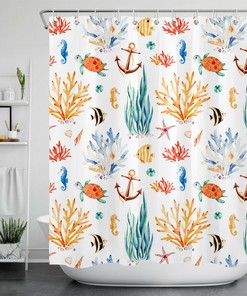 Oceanic Watercolor Seaweed and Sea Turtle Shower Curtain for Nautical Bathroom Decor