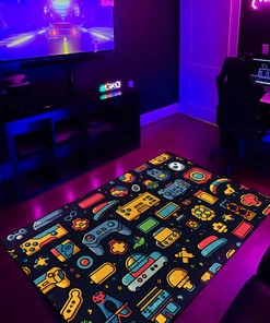 Old School Arcade Patterns Game Icon Rug for Game Rooms