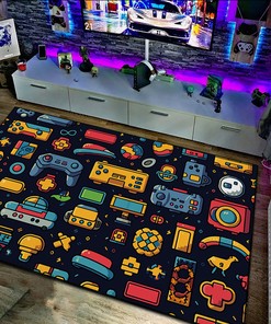 Old School Arcade Patterns Game Icon Rug for Game Rooms
