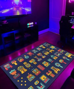Old School Arcade Patterns with Game Icon Area Rug