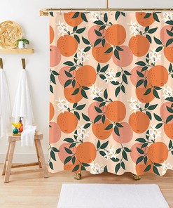 Orange Floral Shower Curtain Cute Citrus Green Leaves Bathroom Decor