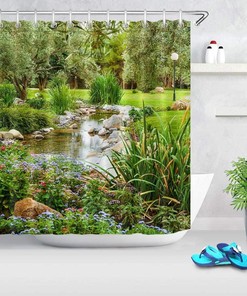 Park Garden and Flower Pond Shower Curtain for Nature Landscape Bathroom Decor, Waterproof Fabric