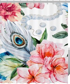 Peacock Feather Pink Flower Fabric Shower Curtain for Bathroom Decor