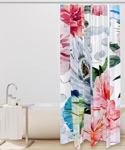 Peacock Feather Pink Flower Fabric Shower Curtain for Bathroom Decor