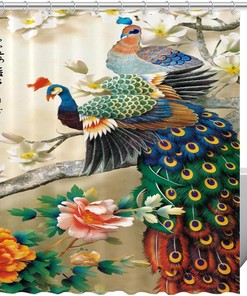 Peacock Flower Tree Painting Fabric Shower Curtain for Bathroom Decor