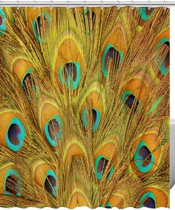 Peacock Green Blue Yellow Feathers Fabric Shower Curtain for Bathroom Decor