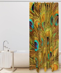 Peacock Green Blue Yellow Feathers Fabric Shower Curtain for Bathroom Decor
