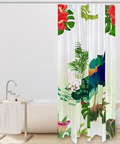 Peacock Shower Curtain with Tropical Plant Leaves for Bathroom Decor