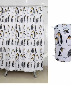 Penguin Design Waterproof Bathroom Shower Curtain and Pop-Up Laundry Hamper - Kid-Friendly and Fun 