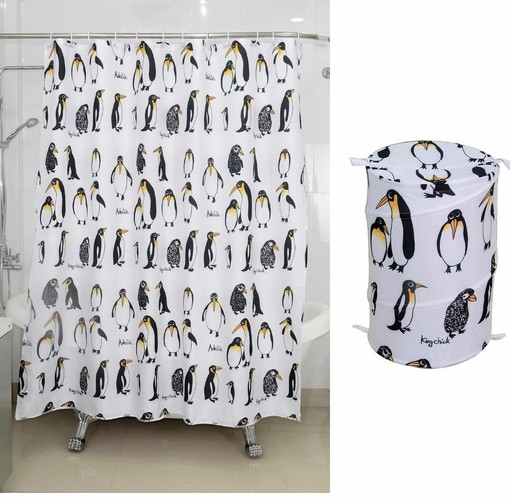Penguin Design Waterproof Bathroom Shower Curtain and Pop-Up Laundry Hamper - Kid-Friendly and Fun