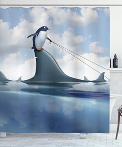 Penguin Holding Wild Fish Shower Curtain - Unique and Fun - Add a Whimsical Touch to Your Bathroom Decor