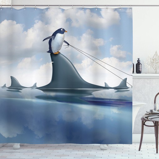 Penguin Holding Wild Fish Shower Curtain - Unique and Fun - Add a Whimsical Touch to Your Bathroom Decor