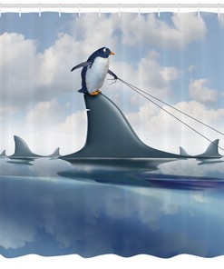 Penguin Holding Wild Fish Shower Curtain - Unique and Fun - Add a Whimsical Touch to Your Bathroom Decor