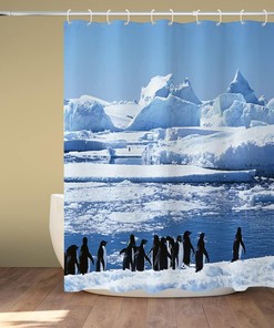 Penguin Oceanic Shower Curtain with Glaciers and Marine Organisms