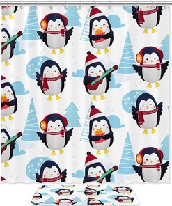 Penguin Pattern Winter Shower Curtain for Bathroom Decor