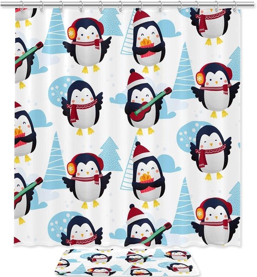 Penguin Pattern Winter Shower Curtain for Bathroom Decor