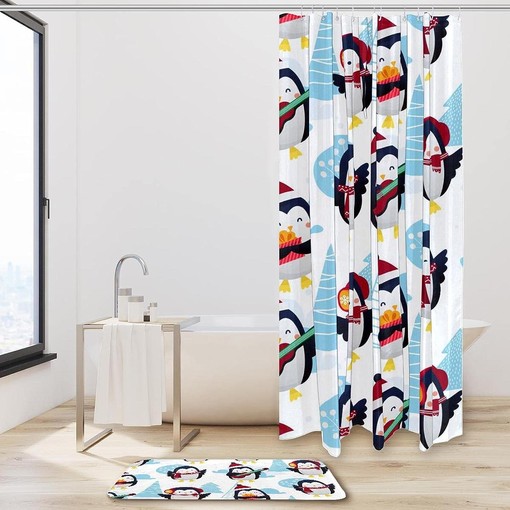 Penguin Pattern Winter Shower Curtain for Bathroom Decor