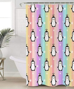 Penguin Rainbow Stars Shower Curtain, Cute Bathroom Decor Accessories