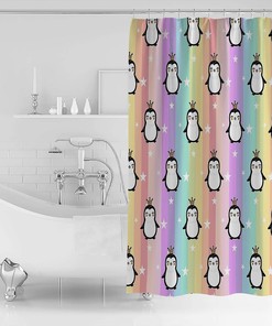 Penguin Rainbow Stars Shower Curtain, Cute Bathroom Decor Accessories