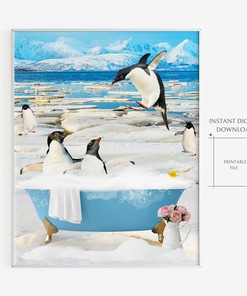 Penguins in Vintage Bathtub Aquatic Bath Style Shower Curtain - Perfect Kids Room Decor