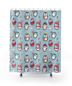 Penguins in Winter Clothes Shower Curtain - Fabric Shower Curtain for Your Christmas Bathroom